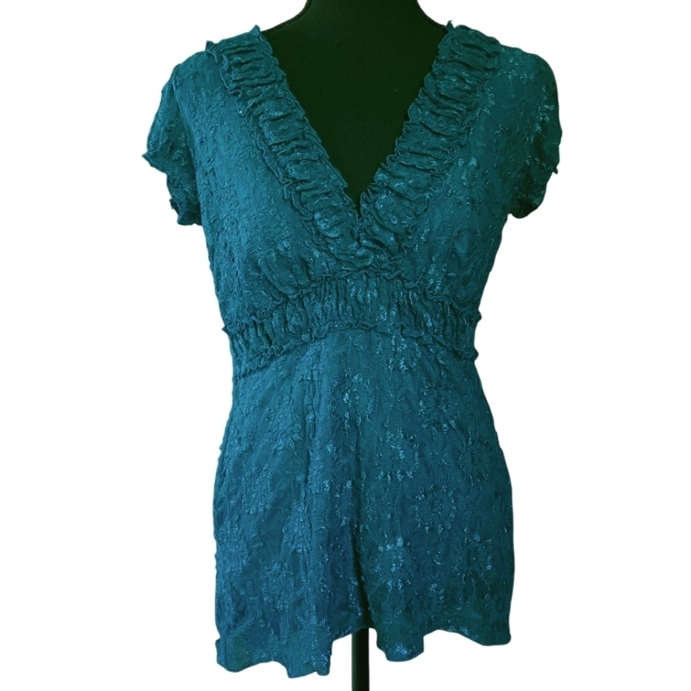 2010s Fairycore Coquette Ren Faire Studio Y Blue Lace Deep V Top Sz M
